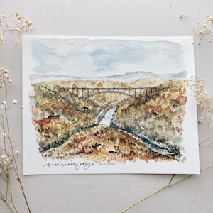 New River Gorge National Park print, watercolor painting, nature gallery wall art, West Virginia Appalachia, Mountain Animal baby nursery,