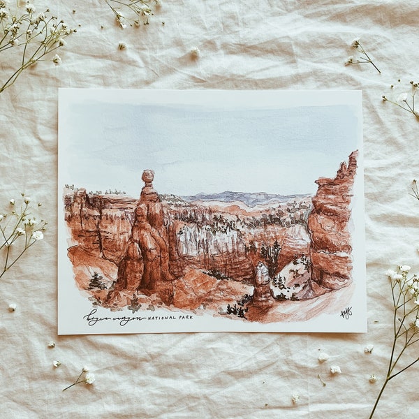 Bryce Canyon National Park print, fine art watercolor painting, nature wall art, Southwest Utah Sunset Point hoodoos watercolor painting