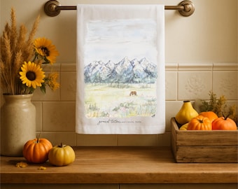 Grand Teton Watercolor White Cotton Tea Towel: Jackson, Wyoming Landscape Mountain, Modern Rustic Kitchen Home Decor, Travel Gift Keepsake