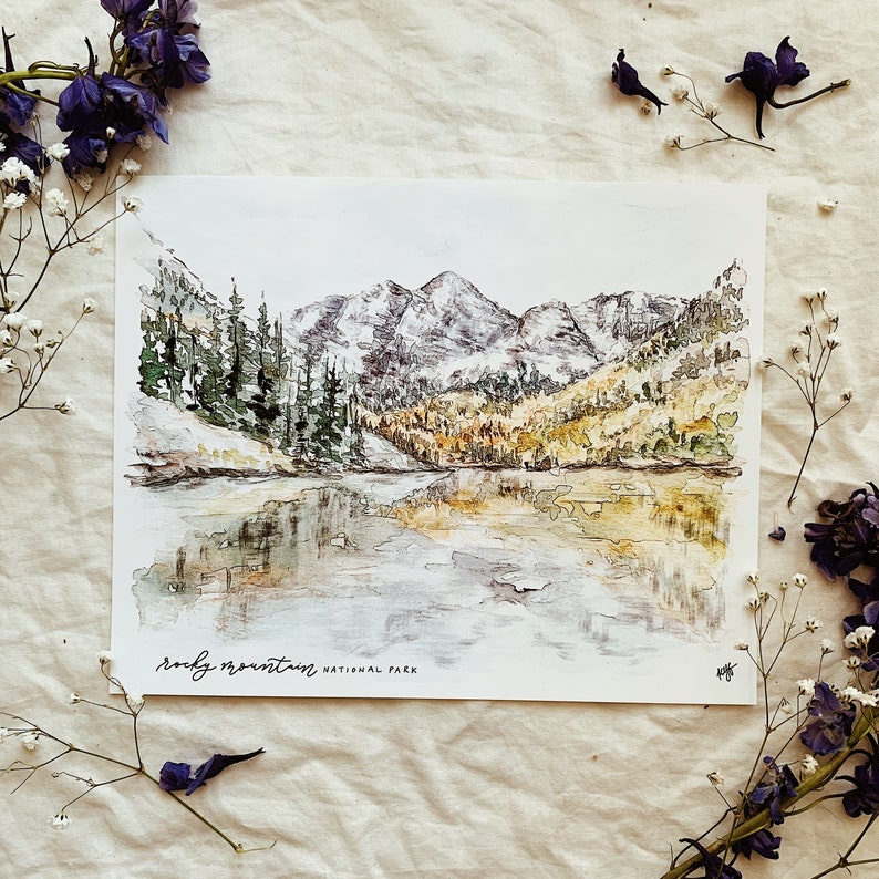 Set of 6 United States National Park Prints Watercolor Painting Nature Gallery Wall Art, Mountain Nursery Woodland Yellowstone Rocky Grand image 5