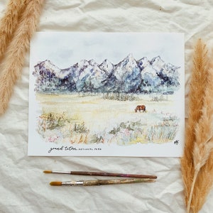 Grand Teton National Park print, horse nature watercolor painting, wall art Albright Jackson Wyoming WY travel western decor Rocky Mountain