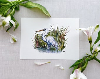 American Egret Watercolor Print: Florida Everglades, Tropical Water Bird Art, Coastal Marsh, Animal Travel Nursery Gallery Wall, white heron