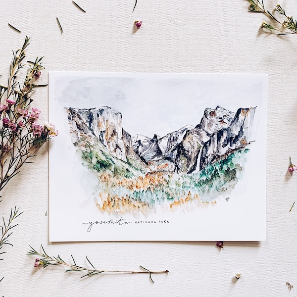 Yosemite Valley National Park print, watercolor painting nature wall art, Tunnel View Half Dome El Capitan California PNW mountain hike gift