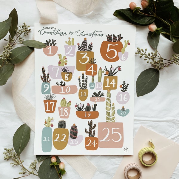 Christmas Advent Calendar - PRINTABLE advent calendar, xmas countdown sign, digital print, boho holiday decor, printable cactus wall art