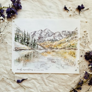 Rocky Mountain National Park print, fine art watercolor painting, nature wall art Colorado Rockies Estes Denver CO travel fall aspen lake