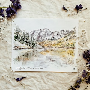 Rocky Mountain National Park print, fine art watercolor painting, nature wall art Colorado Rockies Estes Denver CO travel fall aspen lake