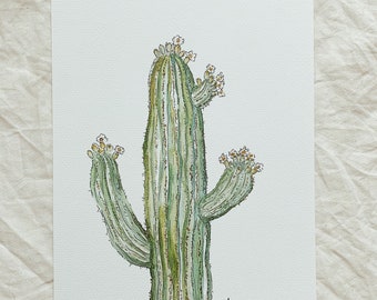 Minimal Saguaro Cactus Watercolor Art Print- Cute Sage Green Boho Arizona AZ Desert Painting, Cacti Plant Lover AZ Simple Nature Wall Decor