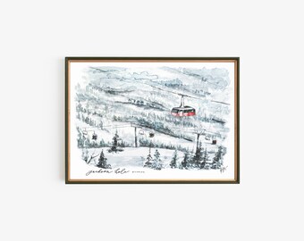 Jackson Hole Wyoming Watercolor Print: Teton Village Ski Gondola Art, Travel-Inspired Painting, Gallery Wall Art