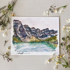 Banff National Park print, watercolor painting nature gallery wall art Alberta Canada Moraine Lake Rocky Mountains travel turquoise scenery