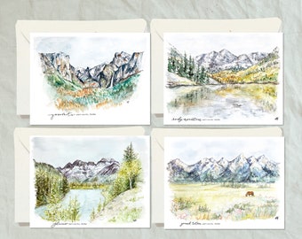 Customizable National Parks Flat Stationery Set watercolor painting, blank nature postcard zion joshua tree rocky mountain teton yellowstone