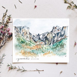 May include: Watercolor painting of Yosemite National Park with a view of the valley and waterfalls. The painting is on a white background with a light brown border.
