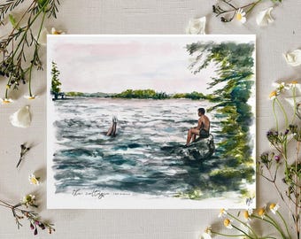 Shane Hollander & Ilya Rozanov - The Cottage Watercolor Painting | Lake Handstand Gimme Kiss Print | Heated Rivalry Hockey Show Art Gift