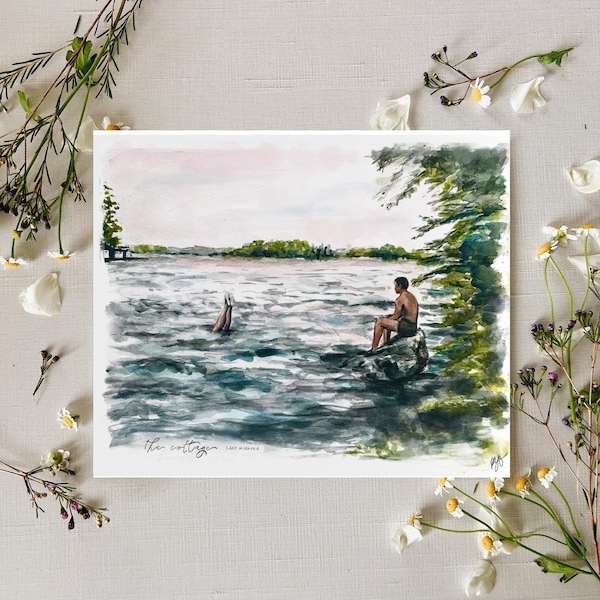 Shane Hollander e Ilya Rozanov - Acuarela "La Cabaña" / Lámina "Bésame en el Lago" / Regalo artístico para espectáculos de hockey sobre una intensa rivalidad