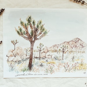 Joshua Tree National Park print, fine art watercolor painting, nature wall art, Palm Springs California desert mountain watercolor painting