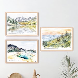 Set of 3 United States National Park Prints - Watercolor Painting Nature Gallery Wall Art Mountain Nursery Decor Yellowstone Rocky Mountain