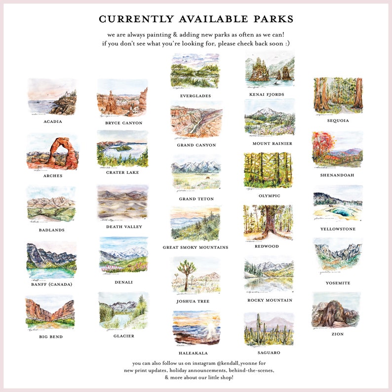 Set of 6 United States National Park Prints Watercolor Painting Nature Gallery Wall Art, Mountain Nursery Woodland Yellowstone Rocky Grand image 2