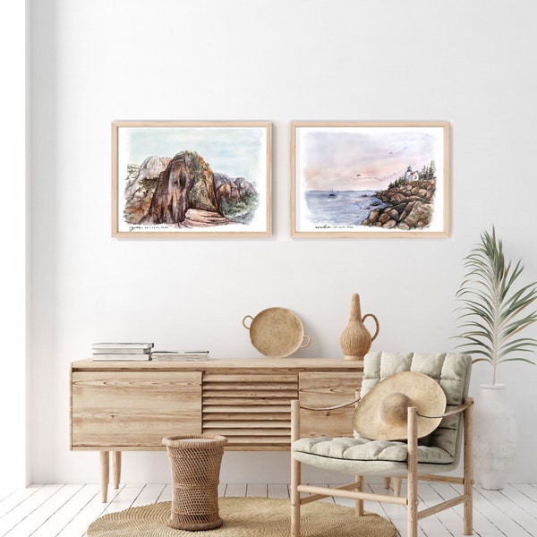 Set of 2 United States / Canada National Park Prints - Watercolor Painting Nature Gallery Wall Art Mountain Nursery Yellowstone Rockies Lake