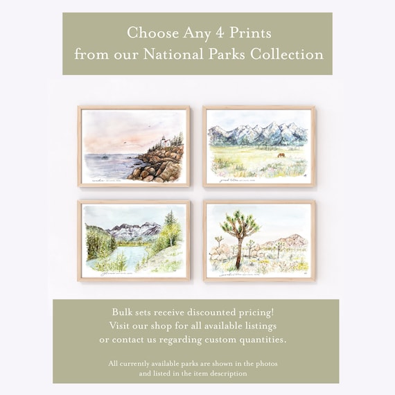 National Park Prints Set: SET OF 4, Watercolor Landscape / Animal Painting, Tetons Yellowstone Smoky Mountains Gallery Wall Art, Nursery