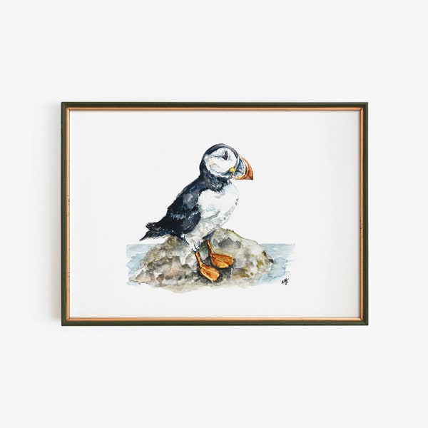 Puffin on Rock Watercolor Art Print | Simple Animal Painting for Baby Nursery | Coastal Bird Travel Theme Decor | Nature Gallery Wall