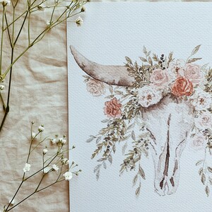 Floral Steer Skull Print: Boho Watercolor Roses Peonies, Garden Farmhouse Decor, Baby Girl Blush Nursery, Western Cowgirl Theme image 2