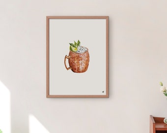 Moscow Mule Cocktail Watercolor Art Print, Signature Drink Sign, Minimal Alcohol Beverage Painting, Fun Gallery Wall Art Bar Cart Decor