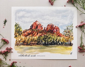 Sedona Arizona Cathedral Rock Watercolor print, Red Rock State Park, gallery wall art desert painting, vortex hiking trail Oak Creek canyon