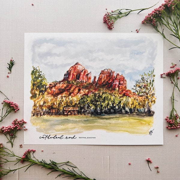 Sedona Arizona Cathedral Rock Watercolor print, Red Rock State Park, gallery wall art desert painting, vortex hiking trail Oak Creek canyon