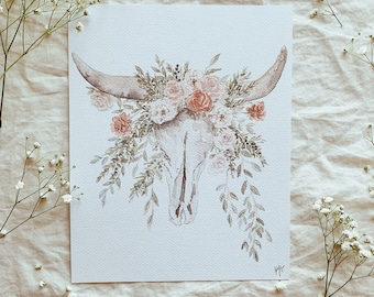 Floral Steer Skull Print: Boho Watercolor Roses Peonies, Garden Farmhouse Decor, Baby Girl Blush Nursery, Western Cowgirl Theme