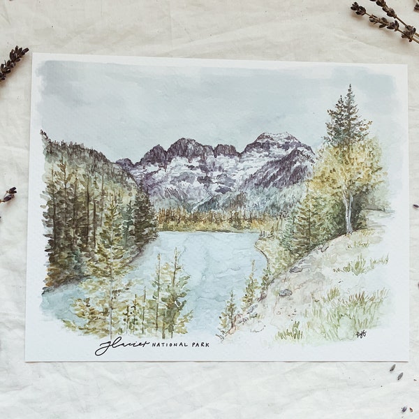 Glacier National Park print, fine art watercolor painting, nature wall art, Montana Rocky Mountain pine forest river watercolor painting