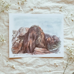Zion National Park print, watercolor painting, nature wall art, Southwest Utah Travel Angels Landing, Rock Climber Canyon hiking the Narrows