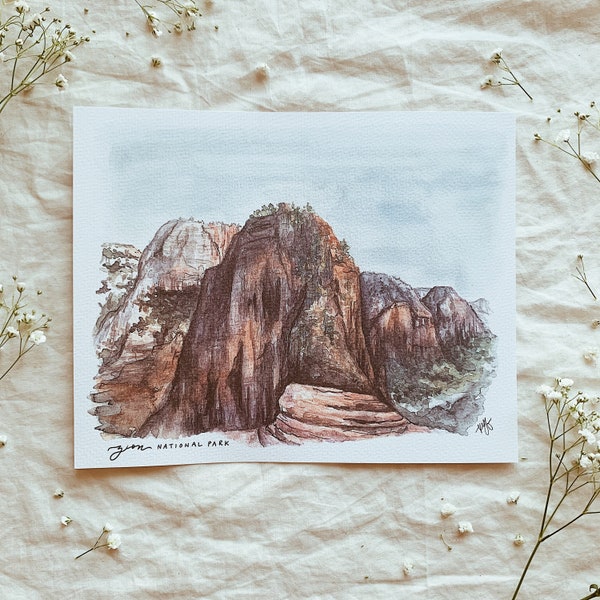 Zion National Park print, watercolor painting, nature wall art, Southwest Utah Travel Angels Landing, Rock Climber Canyon hiking the Narrows
