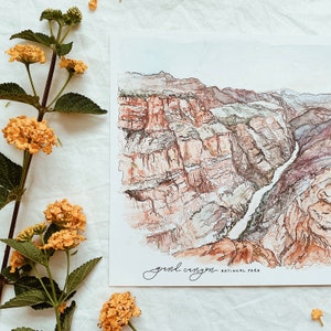 Grand Canyon National Park print, fine art watercolor painting, nature wall art, Arizona Desert mountain watercolor painting image 3