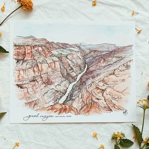 Grand Canyon National Park print, fine art watercolor painting, nature wall art, Arizona Desert mountain watercolor painting image 5