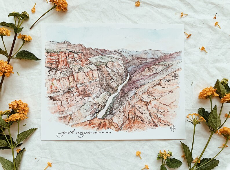 Grand Canyon National Park print, fine art watercolor painting, nature wall art, Arizona Desert mountain watercolor painting image 5