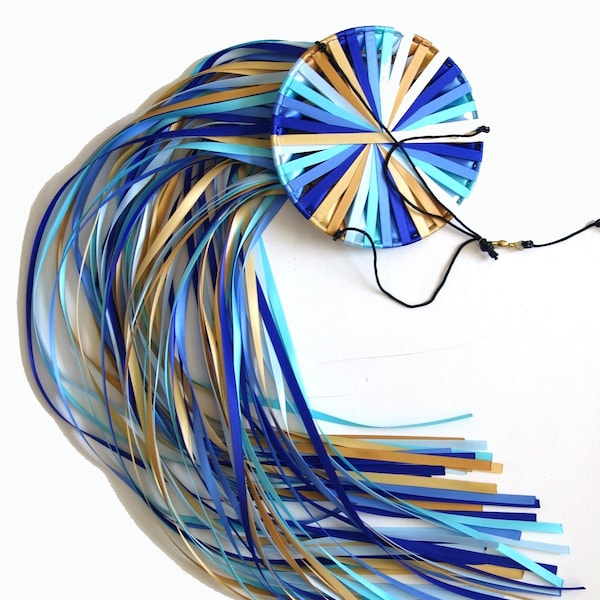 Beach Trip! Ribbon Streamer, Windsock, Double-Faced Satin Ribbon colors Lt Blue, Navajo Turquoise, Tru Blue, Cobalt, Golden Ale, Old Gold