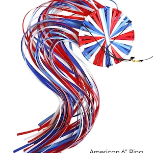 American! Ribbon Windsock, Wind Catcher, Spinner of Double-Faced Satin Ribbon in colors Scarlet, Red, White, Royal Blue, and True Blue