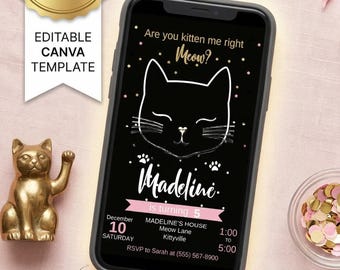 Cat Birthday Invitation, Kitten Party Invite, Editable Canva Template, Digital Download