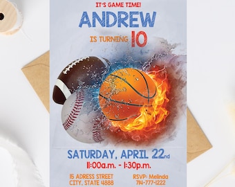 Sports Birthday Invitation: Football, Basketball, Baseball, Soccer Theme Party Invite (Digital File)
