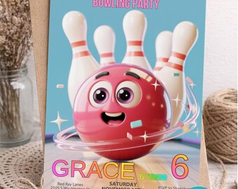 Neon Bowling Birthday Invitation, Kids Party Invite, Editable Canva Template (Digital Download)