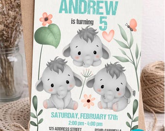 Boho Elephant Birthday Invitation, Baby Animals Party Template (Digital Download)