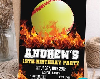 Softball Birthday Invitation | Fire Sports Party Invite | Editable Canva Template (Digital Download)