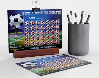 Fußball-Kalender, wählen Sie ein Datum aus, um zu spenden, Fußball-Spendenvorlage, Sportkalender, Fußballparty, Fußball-Einladung