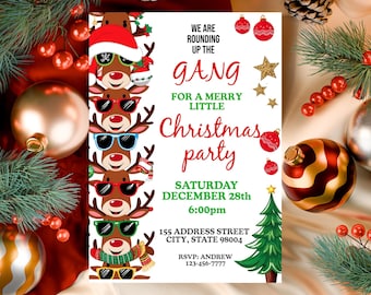 May include: A rectangular Christmas party invitation card featuring a vertical stack of cartoon reindeer wearing colorful sunglasses and winter accessories. The text reads: WE ARE ROUNDING UP THE GANG FOR A MERRY LITTLE Christmas party SATURDAY DECEMBER 28th 6:00pm 155 ADDRESS STREET CITY, STATE 98004 RSVP: ANDREW 123-456-7777.