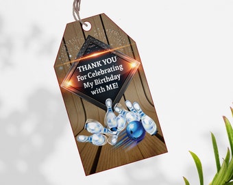Bowling Birthday Favor Tags, Blue Strike Party Printable Thank You Cards (Digital Download)