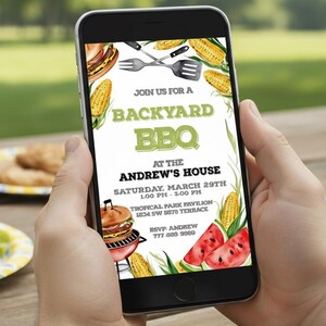 May include: A smartphone displaying a digital invitation for a backyard BBQ at the Andrew's house on Saturday, March 29th, from 1:00 PM to 3:00 PM, featuring watercolor illustrations of corn, watermelon, a burger on a grill, and utensils.