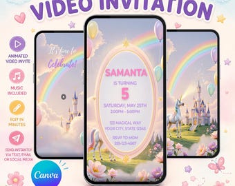 Unicorn Princess Animated Video Invitation, Pastel Rainbow Castle Party (Digital Download)