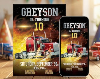 Semi Truck Birthday Invitation: Fire Truck Party (Printable Digital File