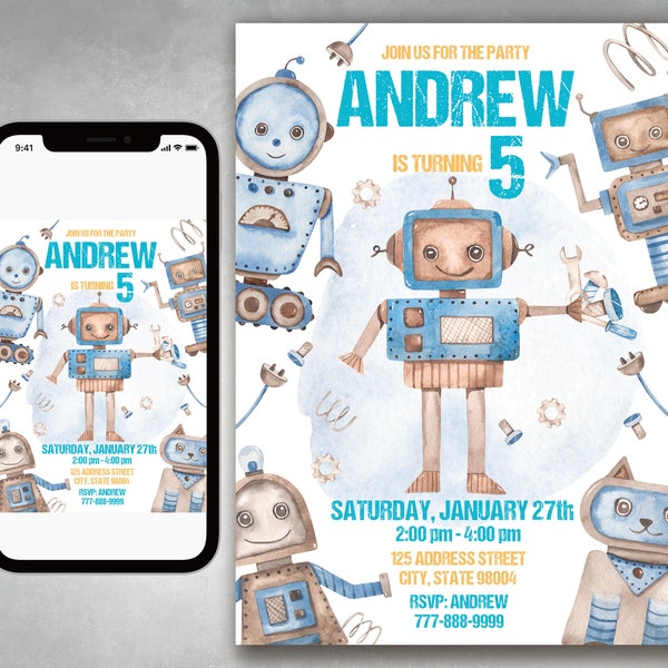 EDITABLE Robots Birthday Invitation, Robots, Robot Party Invitation, Robot Birthday Invite, Modern Robot Invitation, Printable Robot Invite