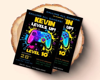 ビデオゲーム誕生日パーティー招待状：ゲーマーコントローラーデザイン（デジタルダウンロード）