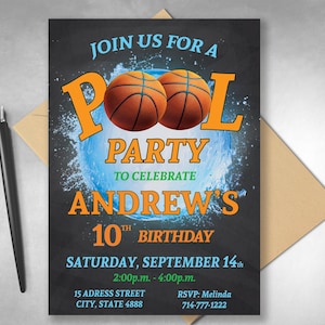 Festa de aniversário de basquete na piscina, convite de basquete, festa esportiva, tema esportivo, convite para festa de basquete, convite com tema esportivo, splash